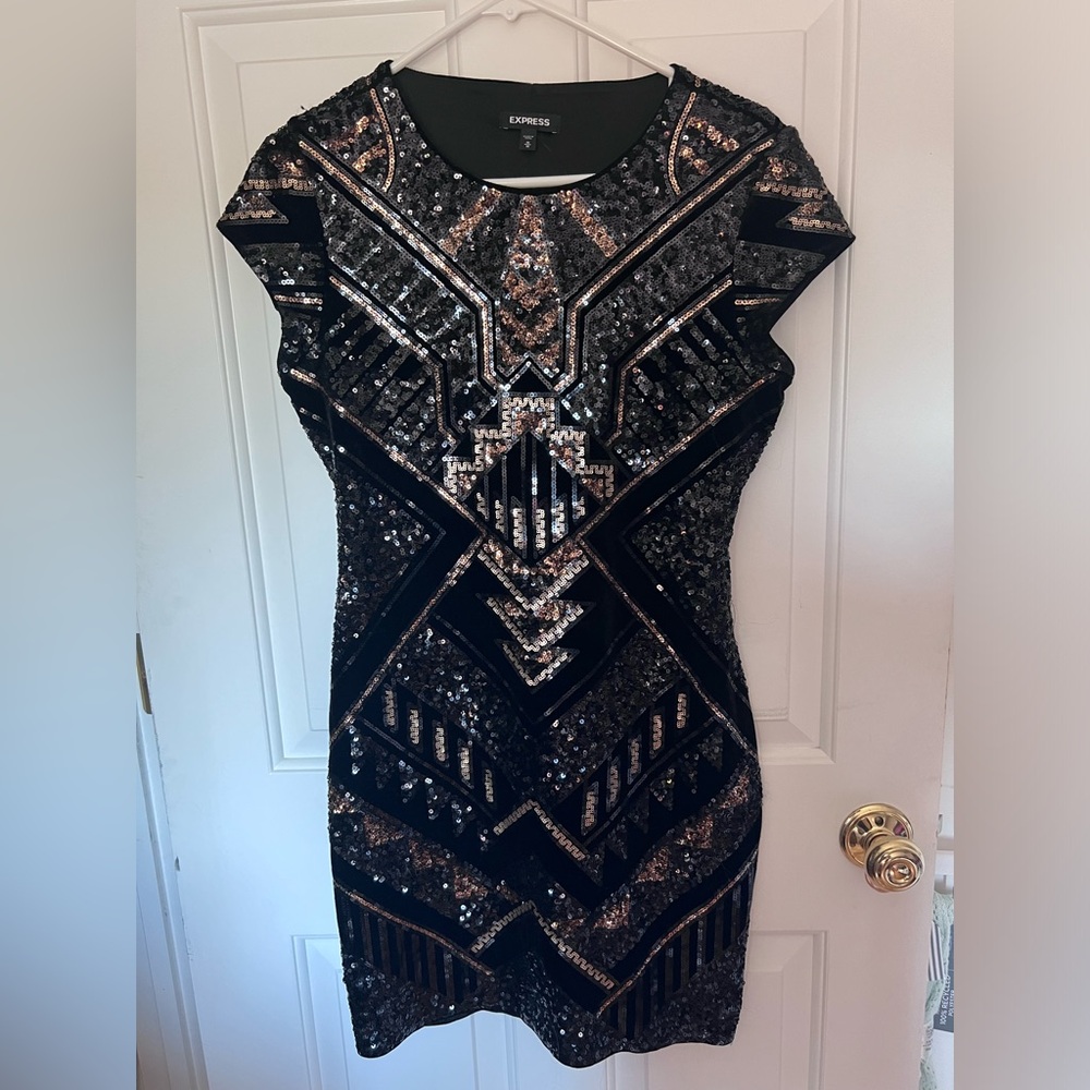 Express Black and Gold Sequined Dress NWT